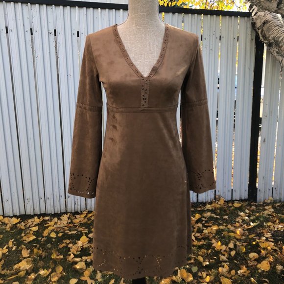 Brown Long Sleeve Faux-Suede Dress - Picture 4 of 6